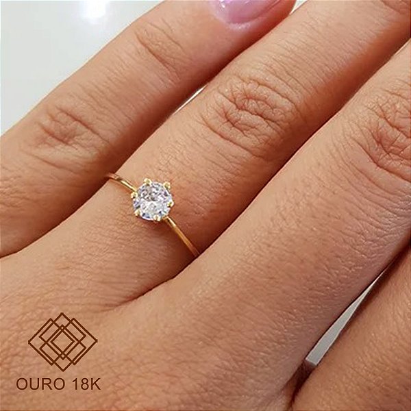 Anel Solitário De Compromisso Noivado Em Ouro 18k Zircônias