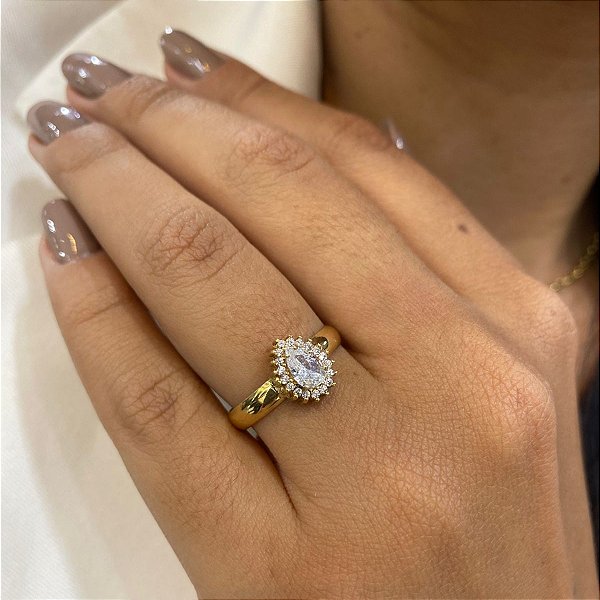 Anel Chuveiro Gota Ouro 18k Zircônias