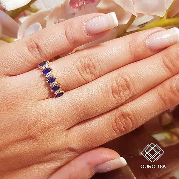 Anel Navete Ouro 18k Zircônias Azuis