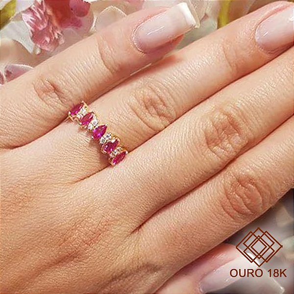 Anel Navete Ouro 18k Zircônias Vermelhas