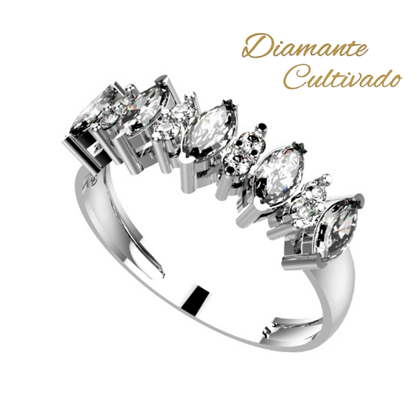 Anel Navete Ouro Branco 18k - Diamante Cultivado 66pts