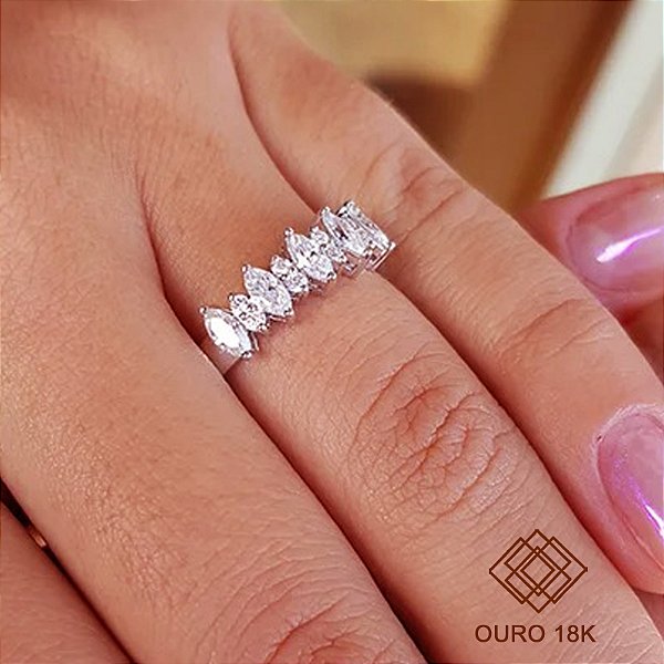 Anel Navete Ouro Branco 18k - Brilhante Moissanite 66pts