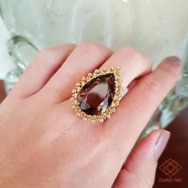 Anel Ouro 18k Esferas com Quartzo Fumê