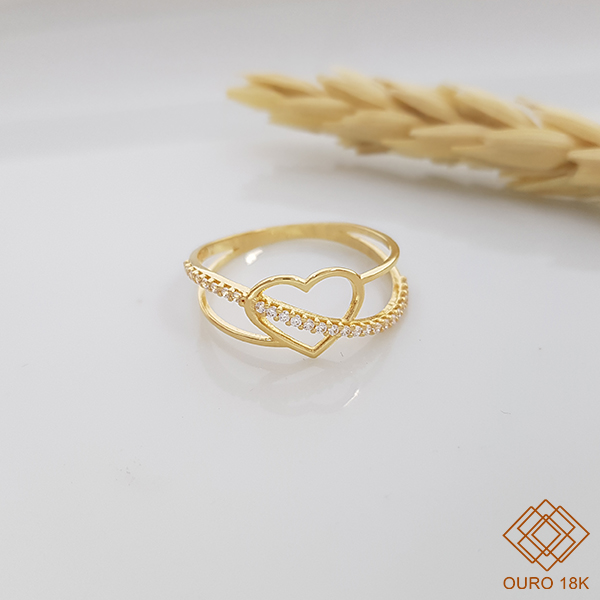 Anel Coração Ouro 18k Zircônias