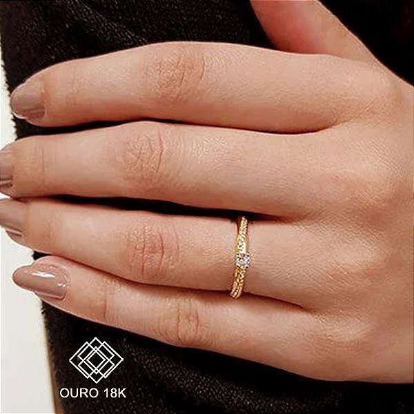 Anel Solitário Ouro 18k Zircônias
