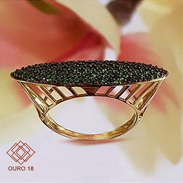 Anel Pavê Ouro 18k Zircônias Verdes