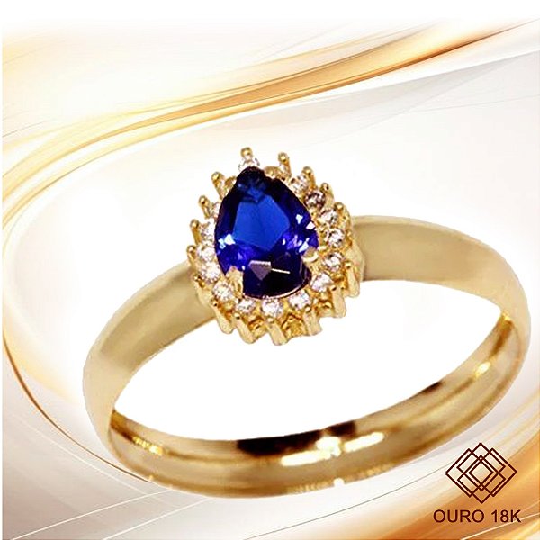 Anel Ouro 18k Zircônias Azuis