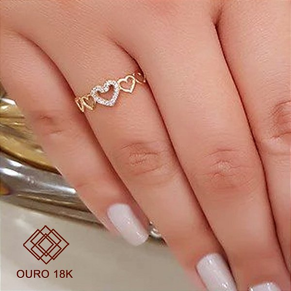Anel Corações Ouro 18k Zircônias