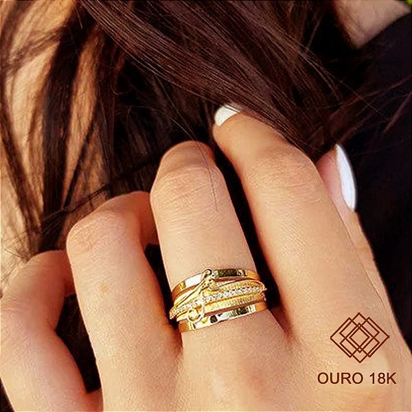 Anel Fé Ouro 18k Zircônias
