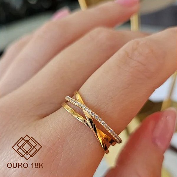 Anel Trançado Ouro 18k Zircônias