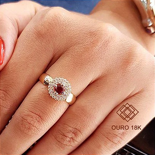 Anel Chuveiro Ouro 18k e Zircônia Vermelha e Branca