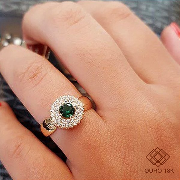 Anel Chuveiro Ouro 18k e Zircônia Verde e Branca
