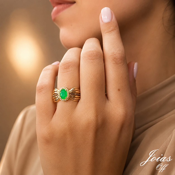 Anel Ouro 18k Jade e Zircônias