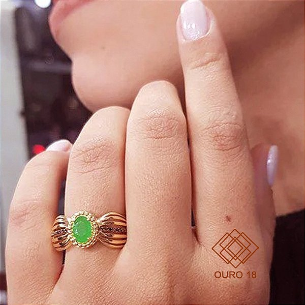 Anel Ouro 18k Jade e Zircônias