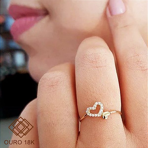 Anel Coração Ouro 18k Zircônias