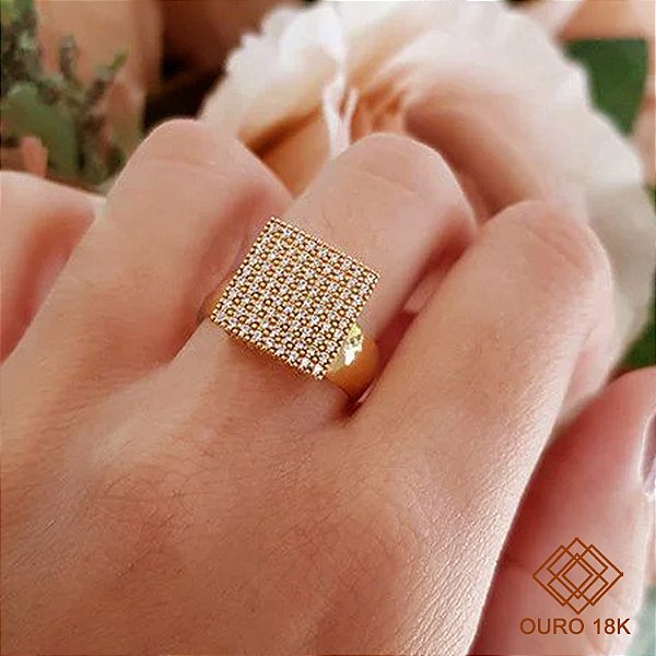 Anel Chuveiro Quadrado Ouro 18k Zircônias