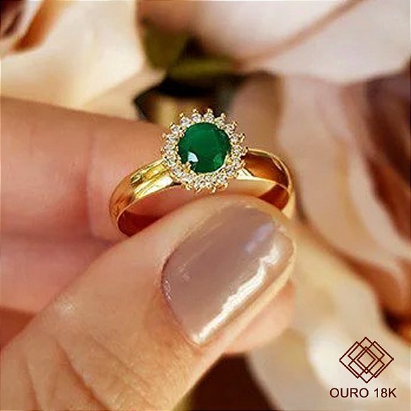 Anel Chuveiro Ouro 18k Zircônia Verde e Branca