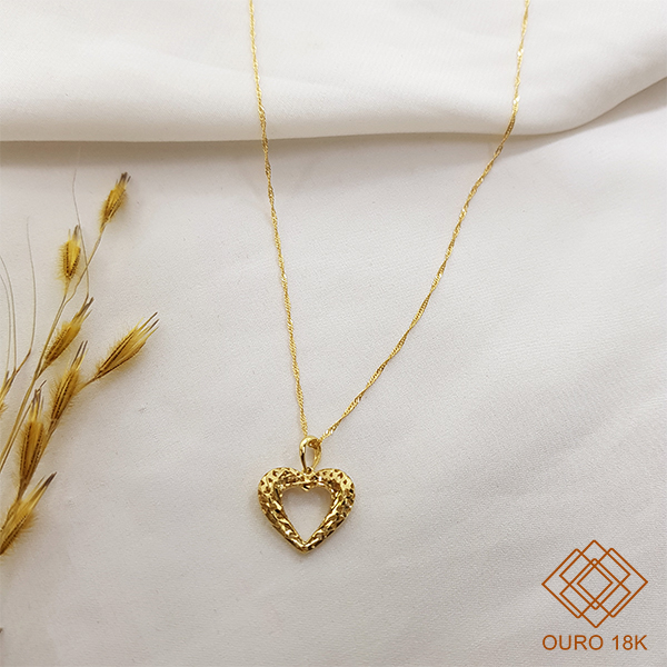 Kit Cordão Ouro 18k + Pingente Coração Diamantado Ouro 18k