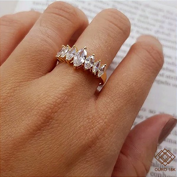 Anel Ouro 18k Zircônias Navetes