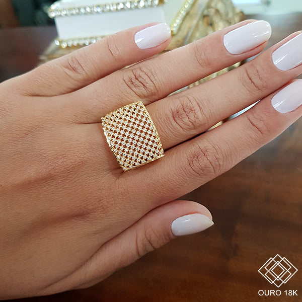 Anel Quadrado Ouro 18k Zircônias