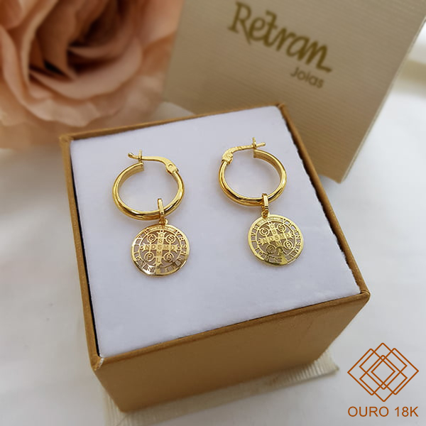 Kit Brinco Argola Ouro 18k + Pingente São Bento Ouro 18k