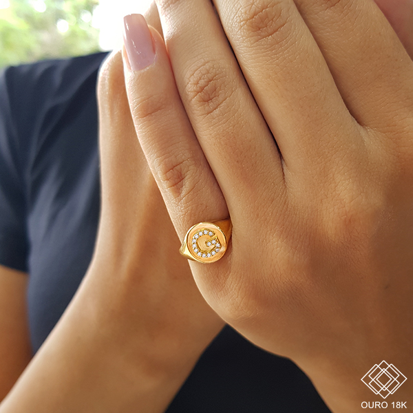 Anel Dedinho Letra G Ouro 18k Zircônias