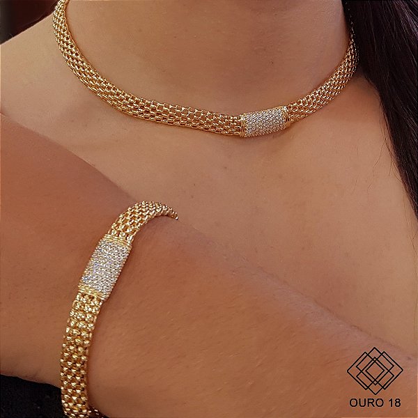 Gargantilha Choker Pipoca Ouro 18k Zircônias