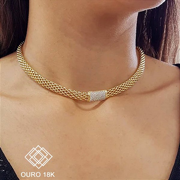 Gargantilha Choker Pipoca Ouro 18k Zircônias