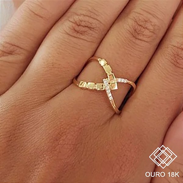 Anel Quadrados Ouro 18k Zircônia