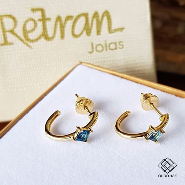Brinco Meia Argola Ouro 18k Topázio