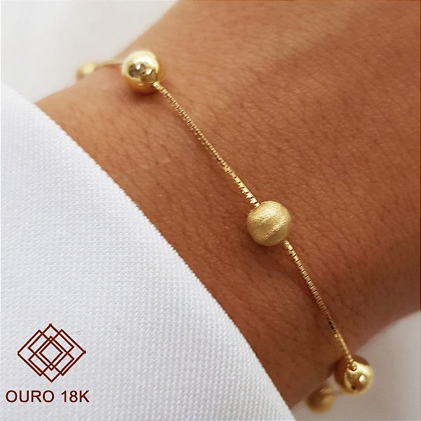 Pulseira Veneziana Esferas Foscas e Lisas Ouro 18k