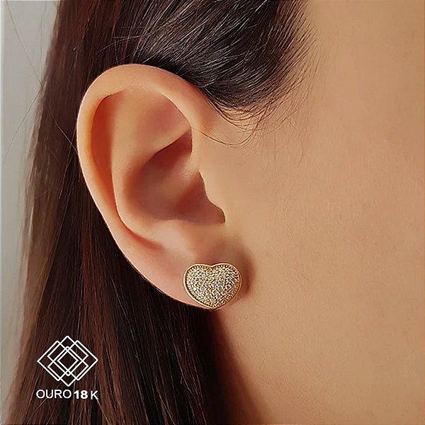 Brinco Coração Ouro 18k Zircônias