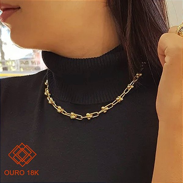 Gargantilha Bold Cadeado Esferas Ouro 18k