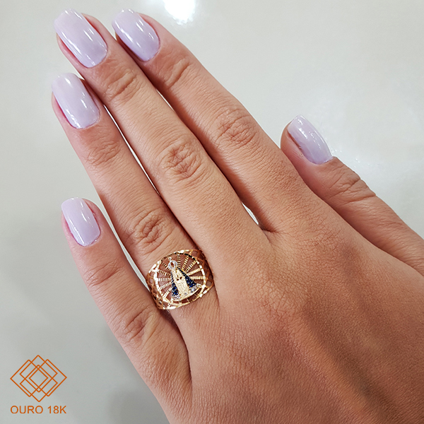 Anel Nossa Senhora Aparecida Ouro 18k Zircônias