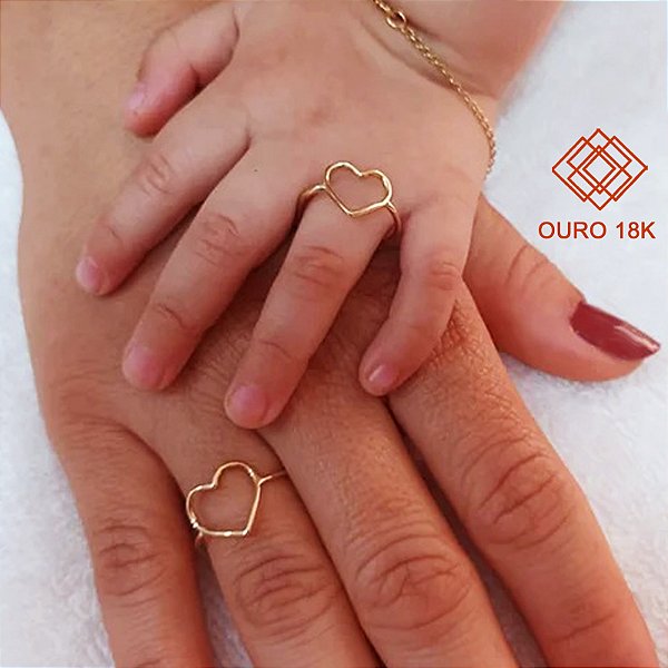 Kit Anel Coração Mãe e Filha Ouro 18k