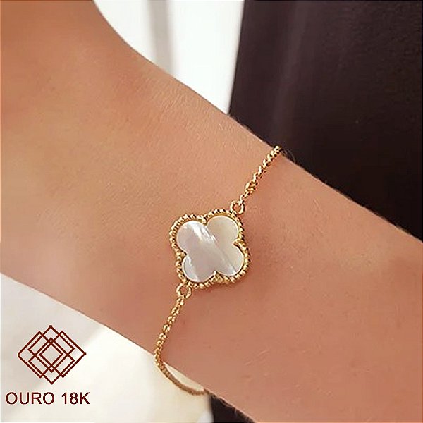 Pulseira Trevo Quatro Folhas Madre Pérola Ouro 18k