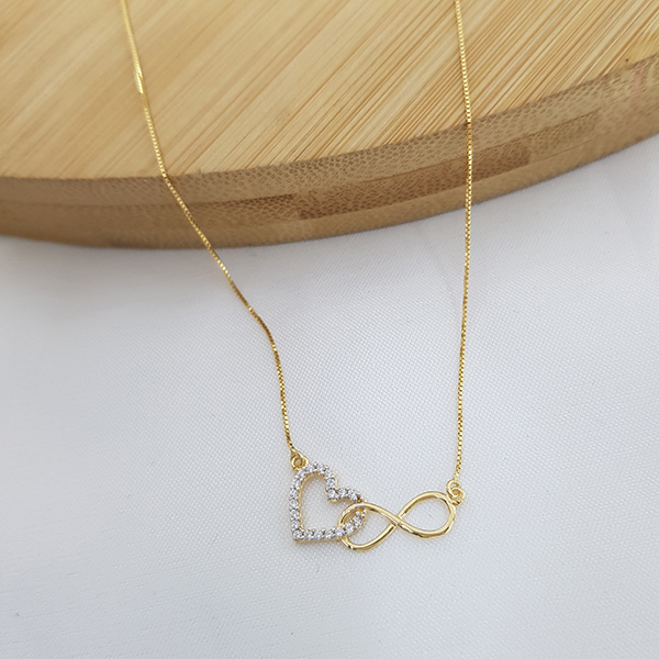 Gargantilha Coração e Infinito Ouro 18k Zircônia