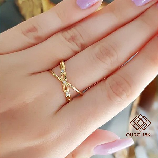 Anel Corrente X Ouro 18k Zircônia