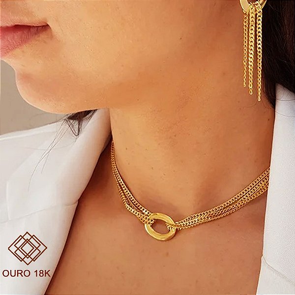 Gargantilha Bold Fios Elo Ouro 18k- 50cm