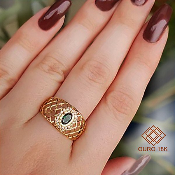 Anel Filigrana Ouro 18k Zircônia Verde