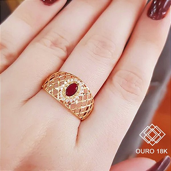 Anel Filigrana Ouro 18k Zircônia Vermelha
