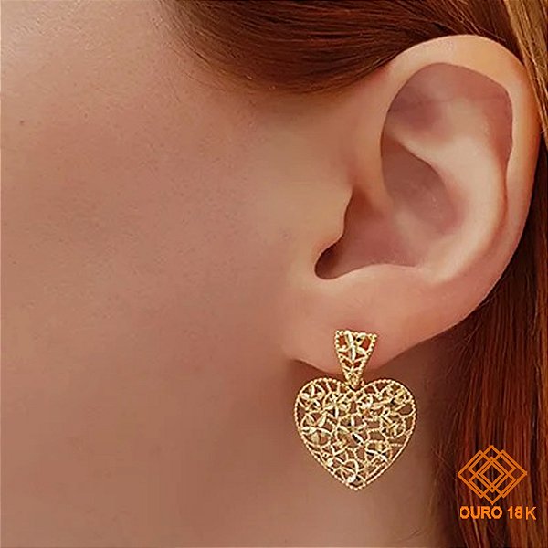 Brinco Coração Diamantado Ouro 18k