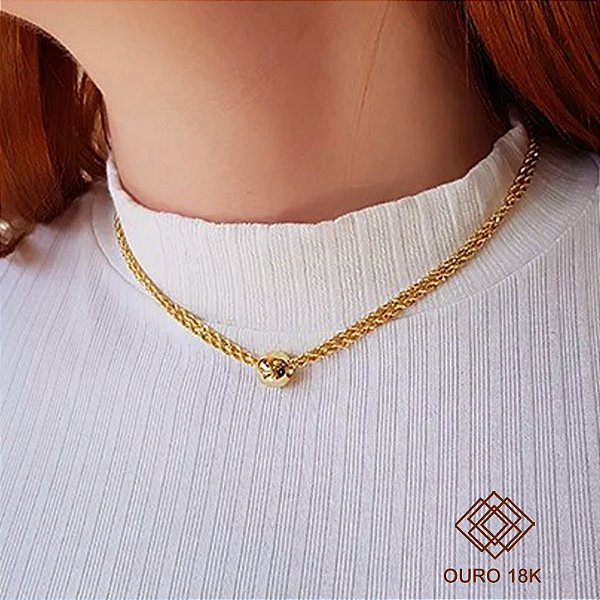 Gargantilha Cabo de Aço Esfera Ouro 18k