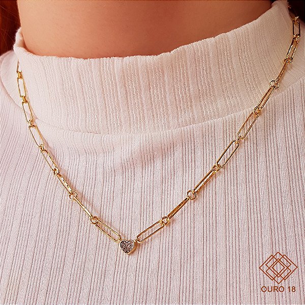 Gargantilha Cadeado Coração Ouro 18k Diamante