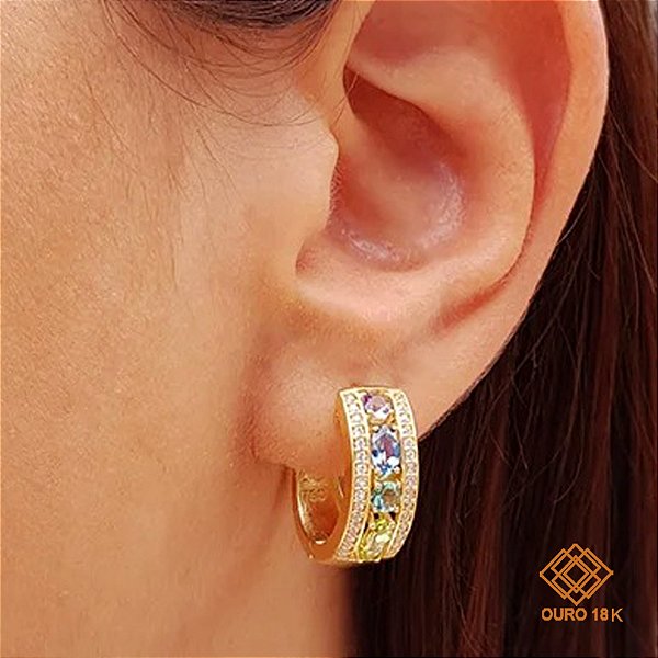 Brinco Argola Ouro 18k Pedras Naturais e Zircônias