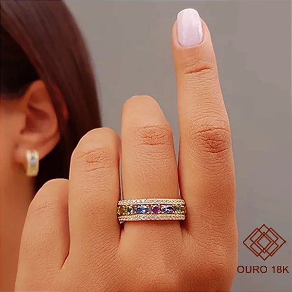 Anel Aparador Colorido Ouro 18k Pedras Naturais e Zircônias