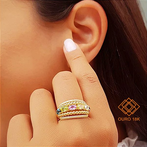 Anel Colorido Ouro 18k Pedras Naturais e Zircônias