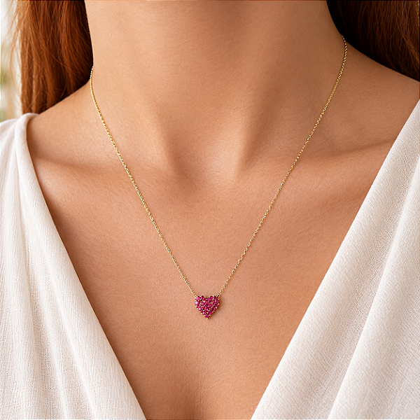 Gargantilha Coração Ouro 18k Zircônias Vermelhas