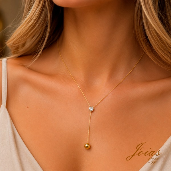 Gargantilha Gravata Coração Esfera Ouro 18k Zircônia
