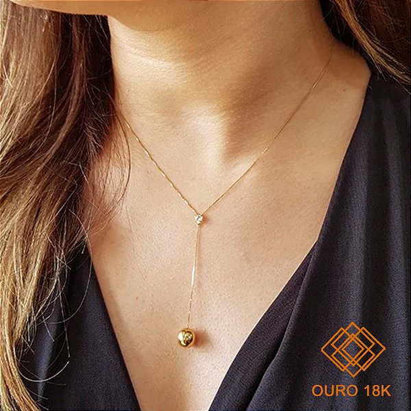 Gargantilha Gravata Coração Esfera Ouro 18k Zircônia